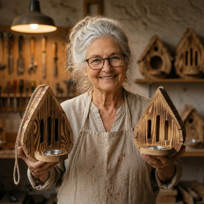 Handcrafted teardrop-shaped butterfly house made from natural wood