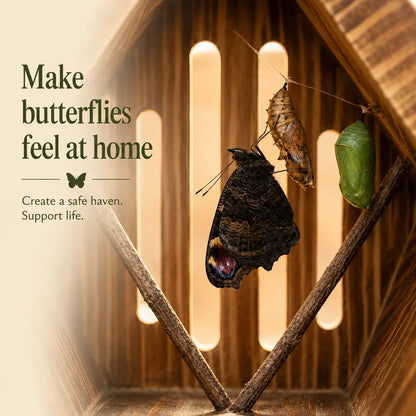Handcrafted teardrop-shaped butterfly house made from natural wood