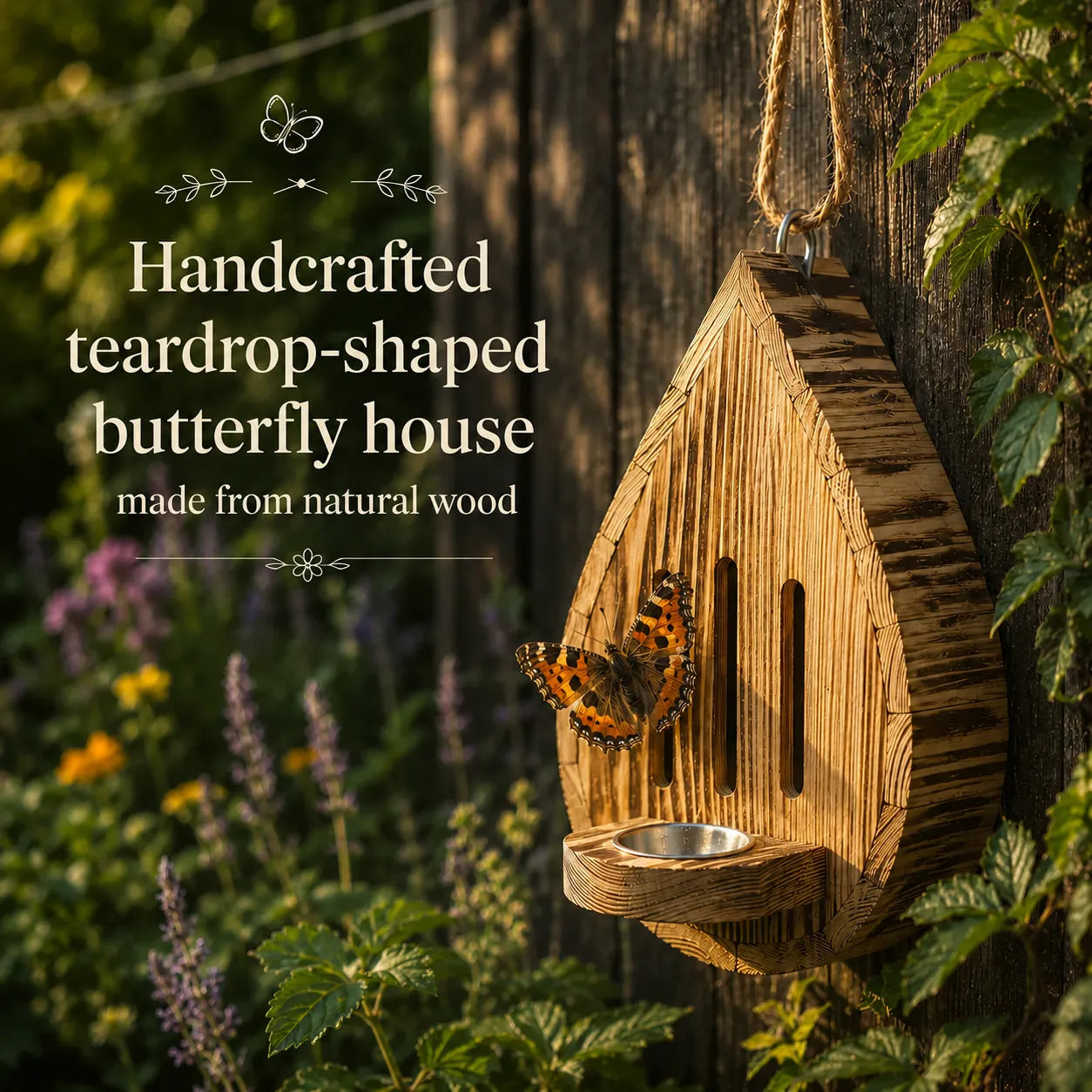 Handcrafted teardrop-shaped butterfly house made from natural wood